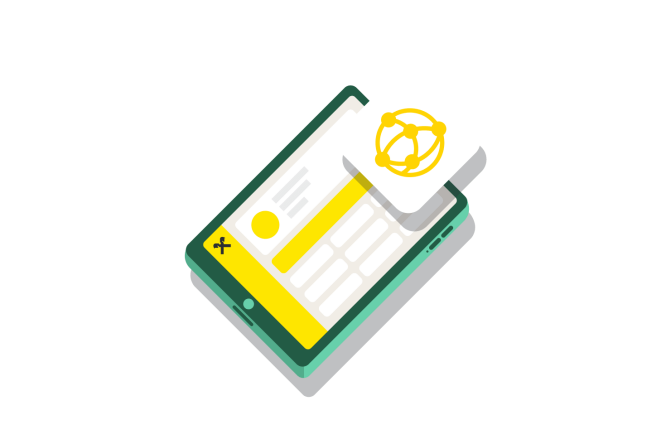 Diese Abbildung zeigt eine isometrische Darstellung eines grünen Tablets mit Benutzeroberfläche. Ein gelbes App-Symbol mit einer Globus-ähnlichen Form liegt über dem Bildschirm und deutet auf die Installation oder Interaktion mit der App hin. Die Gestaltung ist klar und minimalistisch, mit weißem Hintergrund und gelben Akzenten. Es sind keine Texte oder Zahlen sichtbar.