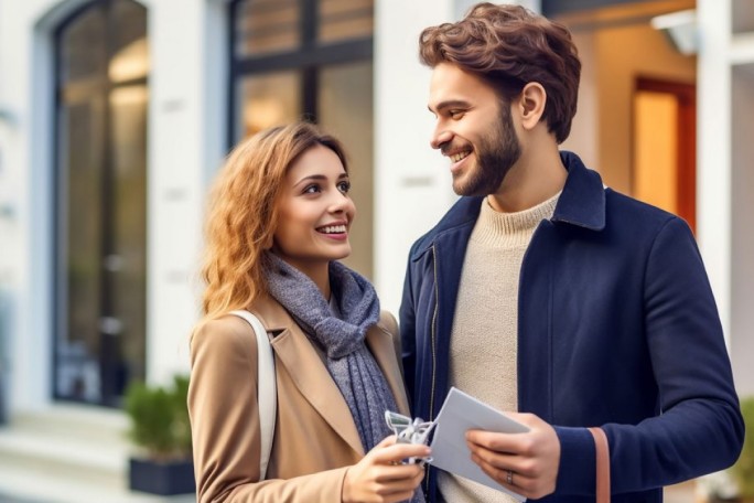 A man and woman are standing outdoors in a modern urban setting, holding papers and a pair of glasses. The scene features contemporary architecture with large windows and potted plants in the background. Both individuals are dressed in warm, stylish clothing suitable for cooler weather.