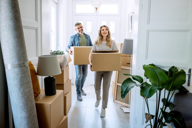 Ein Paar trägt Umzugskartons in ein hell erleuchtetes Haus, was auf einen Umzug hindeutet. Die moderne Einrichtung mit Zimmerpflanzen, einer Lampe und gestapelten Kartons lässt auf einen gut organisierten Umzug schließen. Das natürliche Licht verstärkt die einladende und frische Atmosphäre des Raumes.