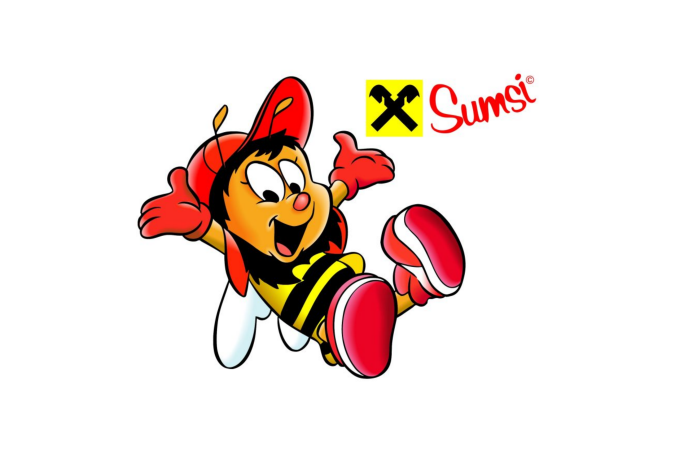 Sumsi Biene mit roter Kappe lachend. rechts Davon ein giebelkreuz und der Schriftzug in rot "Sumsi"