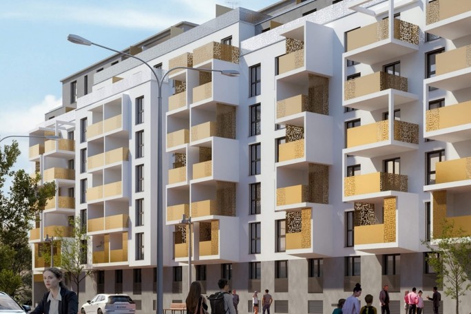 Modernes Wohnhaus mit gelben Balkonen