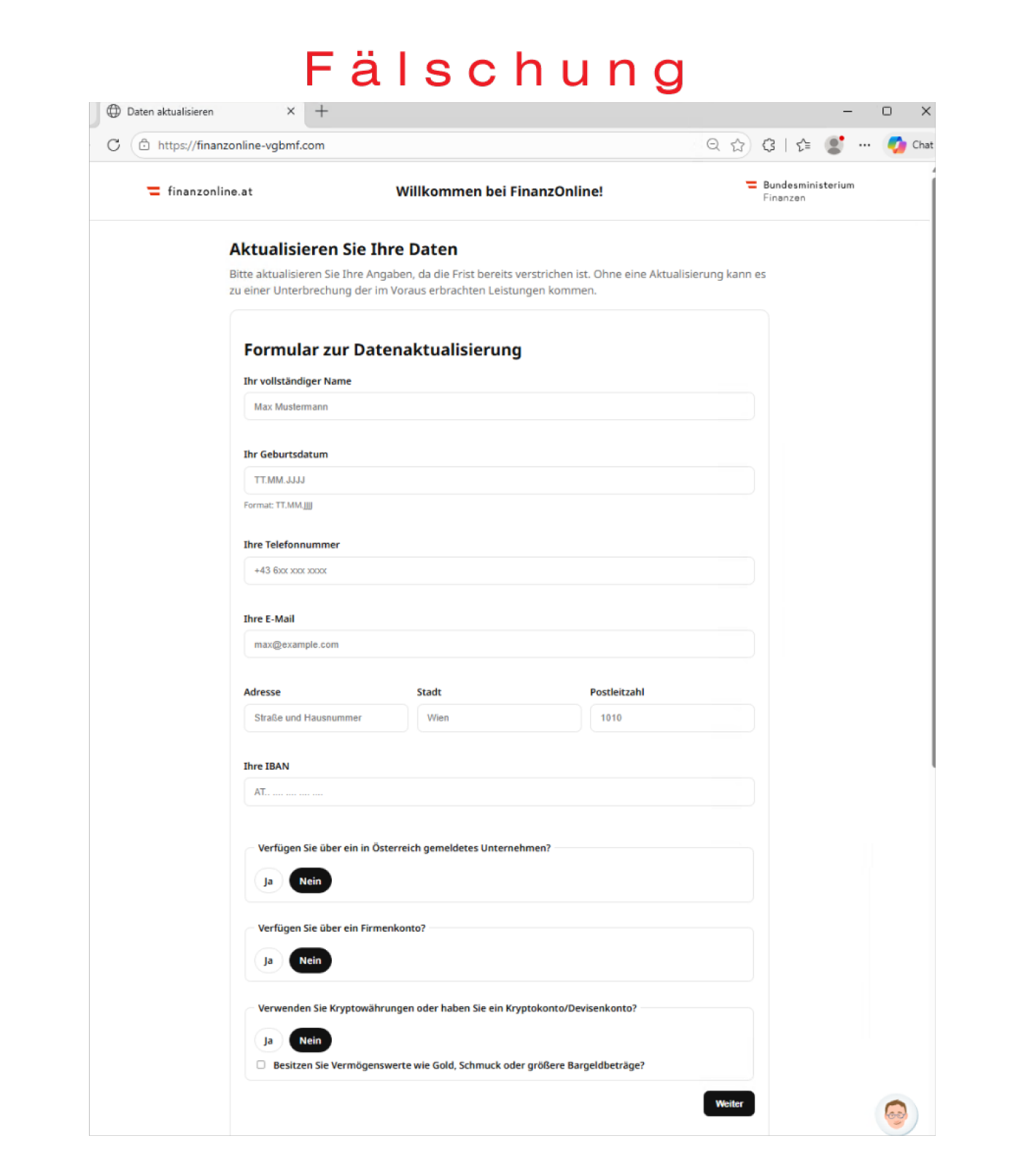 Fälschung message example